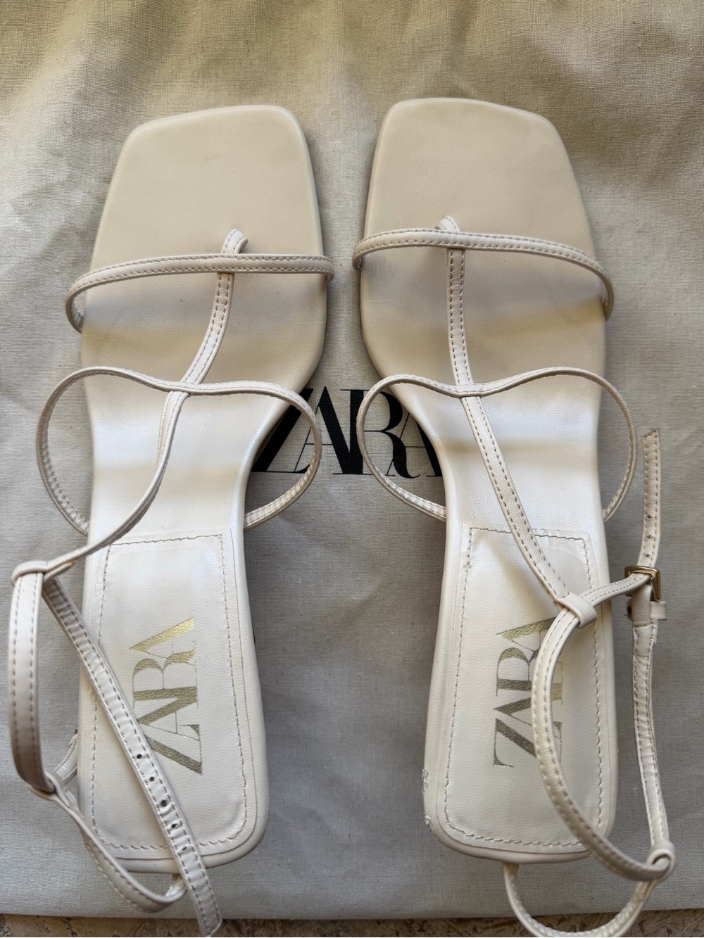 Zara white ivory strappy heeled leather sandals.